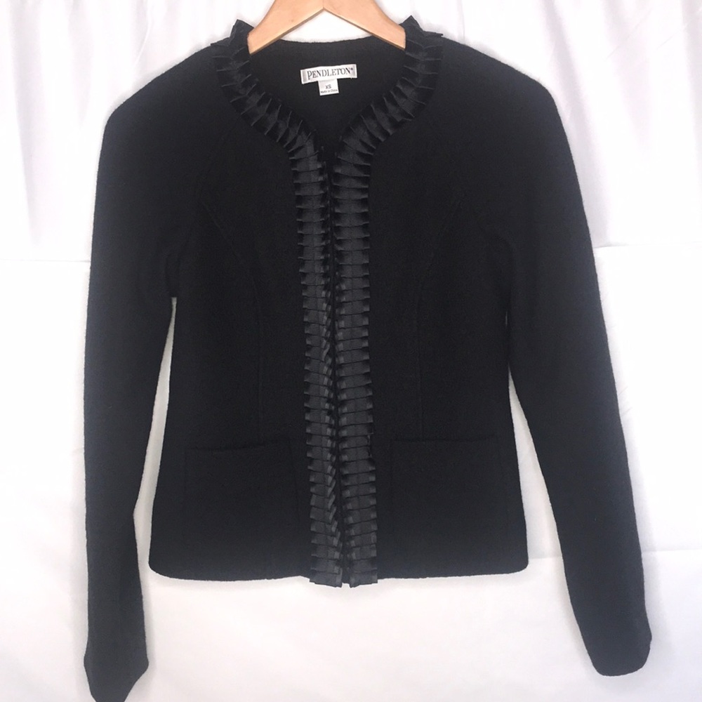 Pendleton Black Ruffle Trim Wool Blend Blazer Jacket